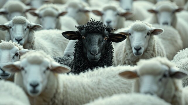 Leadership concept with a black sheep standing out from a flock of white sheep, raising its head proudly 8K , high-resolution, ultra HD,up32K HD