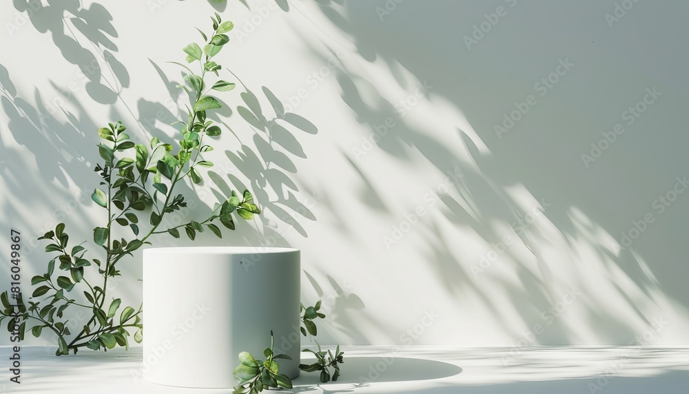 Poster A simple and elegant composition of green leaves casting shadows over a plain white background for a minimalist style