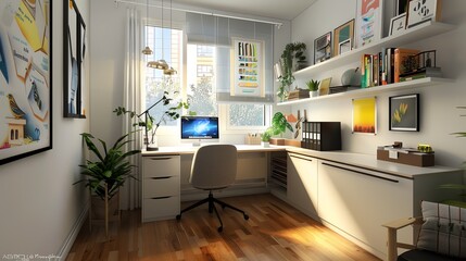 A compact corner in a small apartment turned into a functional home office with a floating desk