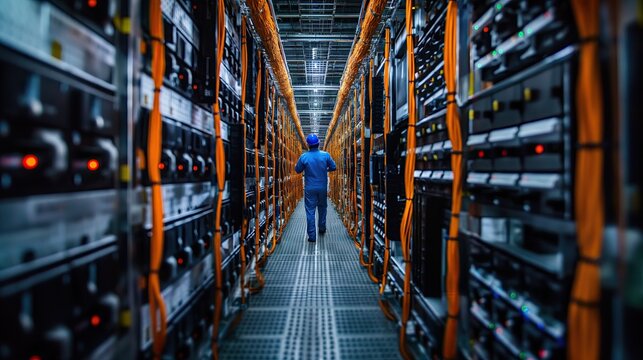 An engineer walks through the narrow aisle of a modern data center, surrounded by high-tech server racks and colorful cabling, ensuring system functionality..