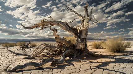 Trunks of dried dead trees with branches in middle of vast desert with cracked arid soil under cloudy sky : Generative AI
