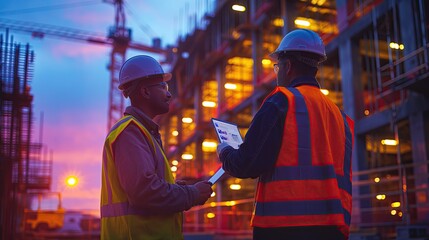 Two construction managers in safety gear review plans on a tablet during sunset, with the active construction site in the background..