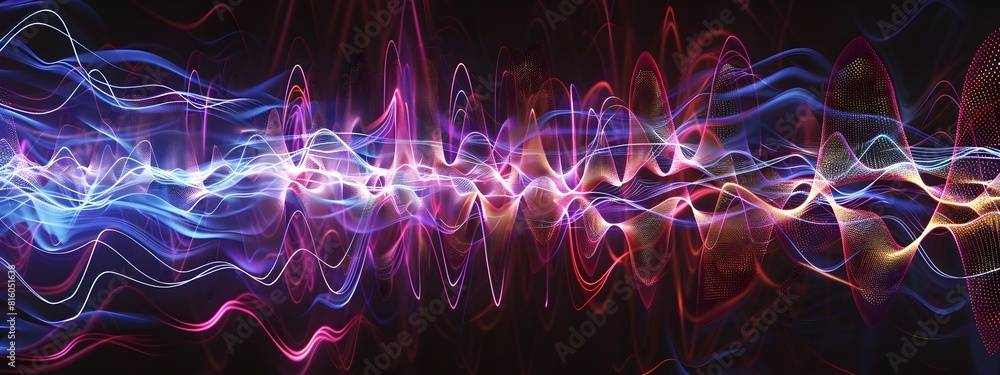 Poster vibrant d of a wave packet undergoing interference and producing frequency patterns in quantum