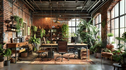 Fototapeta premium Designer s workspace in loft style with exposed brick walls