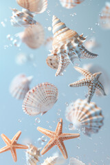 Levitating seashell and starfish surrounded by bubble in blue background