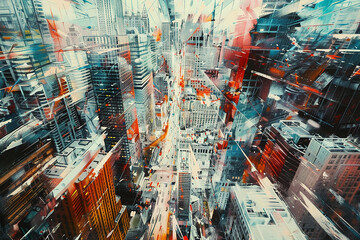 Abstract representation of a bustling cityscape, with skyscrapers and streets depicted as intersecting triangles, bustling with energy and movement.