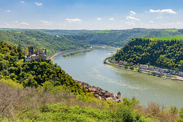 View of Katz Castle (Burg Katz) and the Lorely in Sankt Goarshausen in the Rhine Valley, Germany