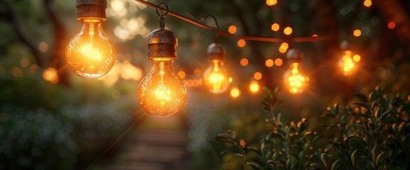Fairy String Lights With Bokeh And A Shining Bulb Hanging Outdoors Between Trees, Birthday Background