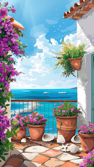 Seaside view from balcony adorned with flower pots, seashell and vibrant bougainvillea