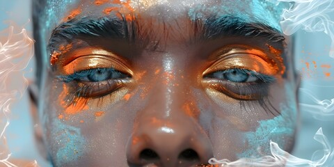 Closeup of golden teal Holi powders on Indian mans face. Concept Holi Festival, Indian Culture, Colorful Powders, Closeup Photography, Creative Portraits