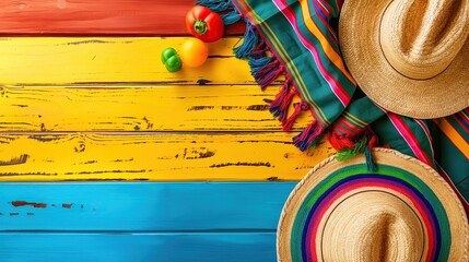 Bright and colorful display of summer essentials including straw hats, tropical flowers, and a vivid fabric on a sunny yellow background..