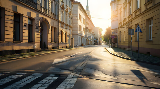 City street with empty crossroad  road and morning light in Europe Lithuania Vilnius : Generative AI