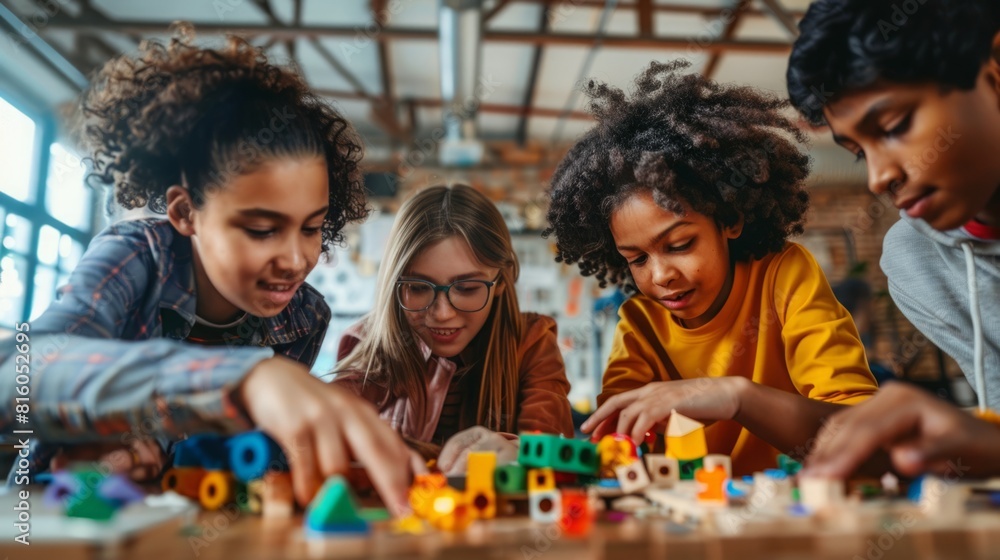 Poster A group of kids engaging in building activities with colorful blocks inside a classroom setting.