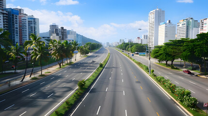 Fototapeta premium Beautiful view to empty highway street on green area with blue sky during covid19 outbreak in Rio de Janeiro Brazil : Generative AI