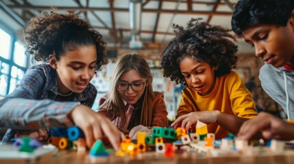 A group of kids engaging in building activities with colorful blocks inside a classroom setting.