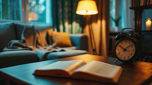 Warm, inviting home interior featuring an open book and an antique clock with a glowing fireplace in the background..