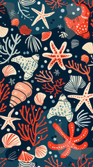 Colorful pattern with starfish, coral, and shell on dark blue background