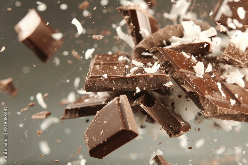 Poster indulge in the dynamic explosion of chocolate shards dessert with a burst of high-speed action and i