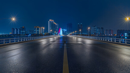 Fototapeta premium Asphalt road and bridge with modern city skyline at night in Ningbo Zhejiang Province China : Generative AI