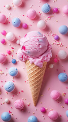 Pink ice cream in waffle cone surrounded by colorful pink and blue spheres on pink background