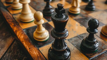 Various chess pieces arranged on a wooden chess board, showcasing a strategic game in progress.