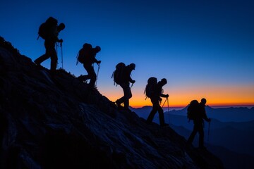 A silhouette of five hikers walking up the side of an alpine mountain at dusk highlighting the silhouettes against the fading daylight Generative AI