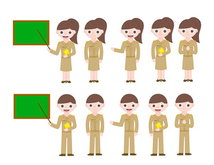 Thai teacher in uniform or government officers.Job character.Female and male.Back to school.Happy teacher's day .Indonesia civil servant worker pns.Graphic.Flat design.Cartoon vector illustration.