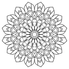 Floral mandala with line, circular shape, drawing of botanical theme, for coloring book page, ornament, decoration, tattoo, wallpaper, background, card, sticker, illustration.