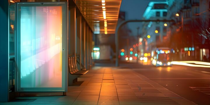 White light box mockup at bus stop at night. Concept Nighttime, Bus Stop, Light Box, White Background, Mockup
