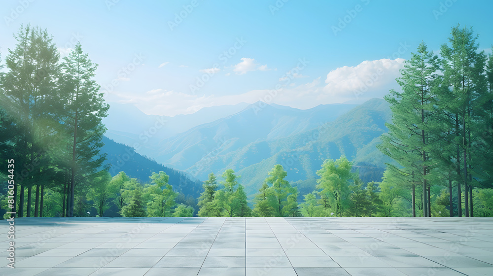 Poster Empty square floor and green forest with mountain scenery under blue sky : Generative AI