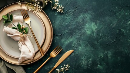 Chic dining table setting for a special occasion. Empty plates and gold cutlery on a dark green background, with a beige napkin. Perfect for a restaurant menu or card template.