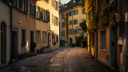 Fototapeta premium Austria Vorarlberg Bregenz Townhouses along empty cobblestone alley : Generative AI