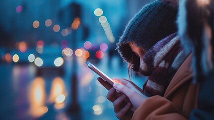 A young woman in winter clothing focuses intently on her smartphone while standing on a snowy urban street at night, illuminated by city lights..