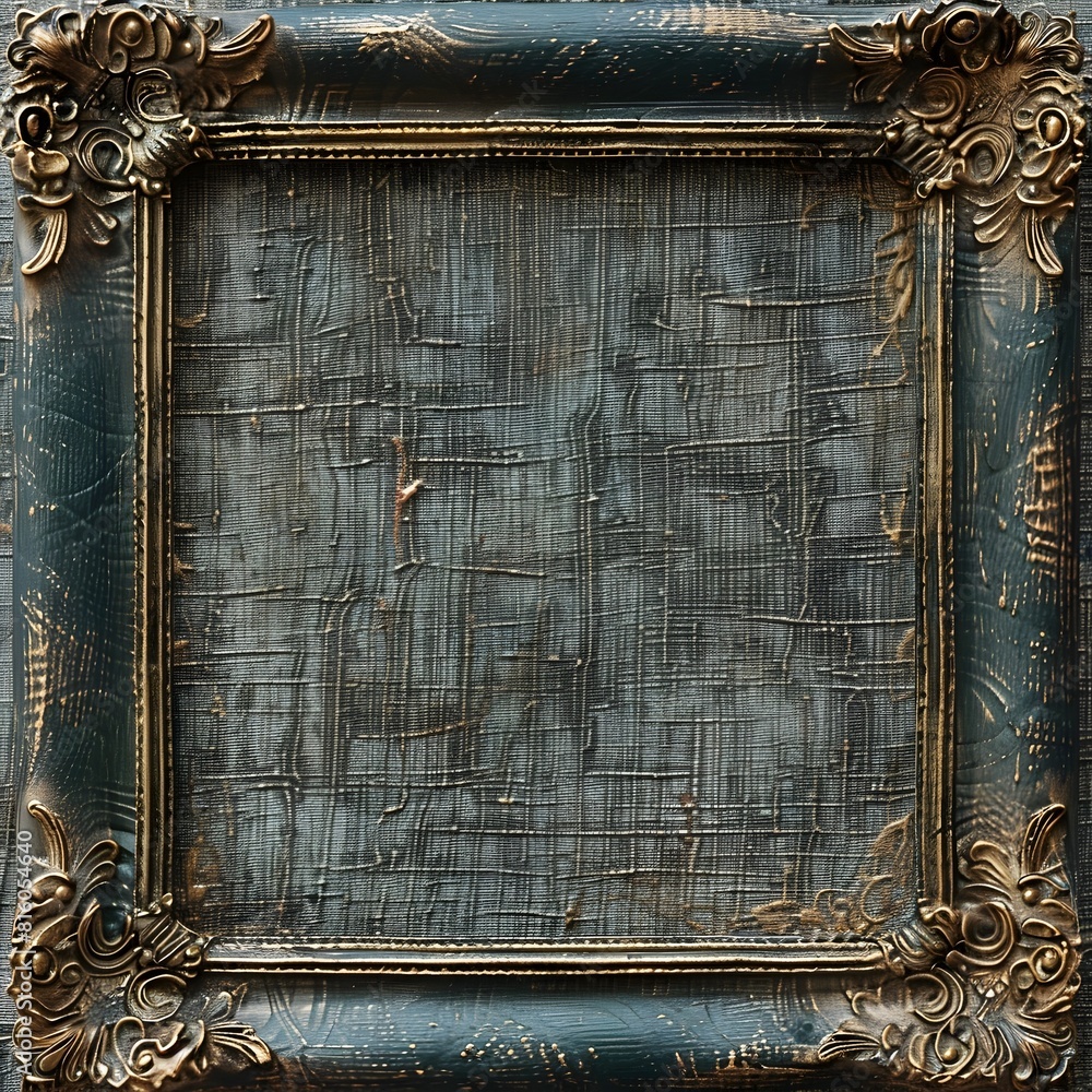 Poster ornate antique scrollwork frame with patina finish on textured linen background isolated concept wit