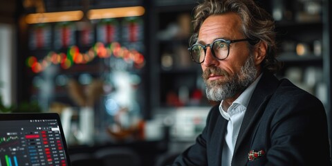 Fototapeta premium A successful businessman, financial manager, and analyst in a stylish suit, confidently leading.
