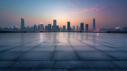 Obraz premium Empty square floor and city skyline with modern commercial buildings in Hangzhou at sunrise China : Generative AI