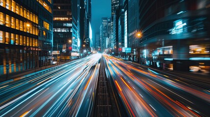 Fototapeta premium Long exposure photography captures the vibrant trails of light from cars speeding through a bustling city street at night..