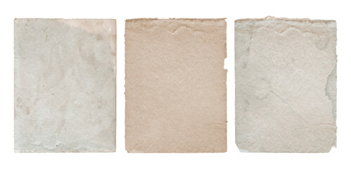 Vintage stained paper sheets with ripped torn edges. Old dirty paper texture isolated on transparent background	