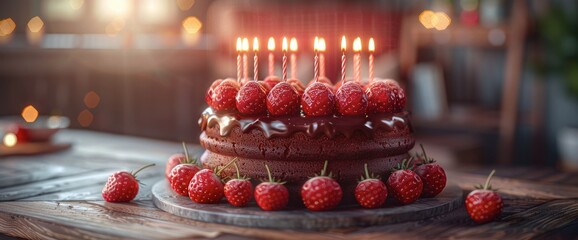 3D Render Of A Cute Birthday Chocolate Cake With Strawberries And Candles, Birthday Background