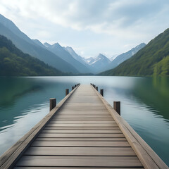 Empty wooden bridge with the lake mountain and beautiful landscape -- generated by ai