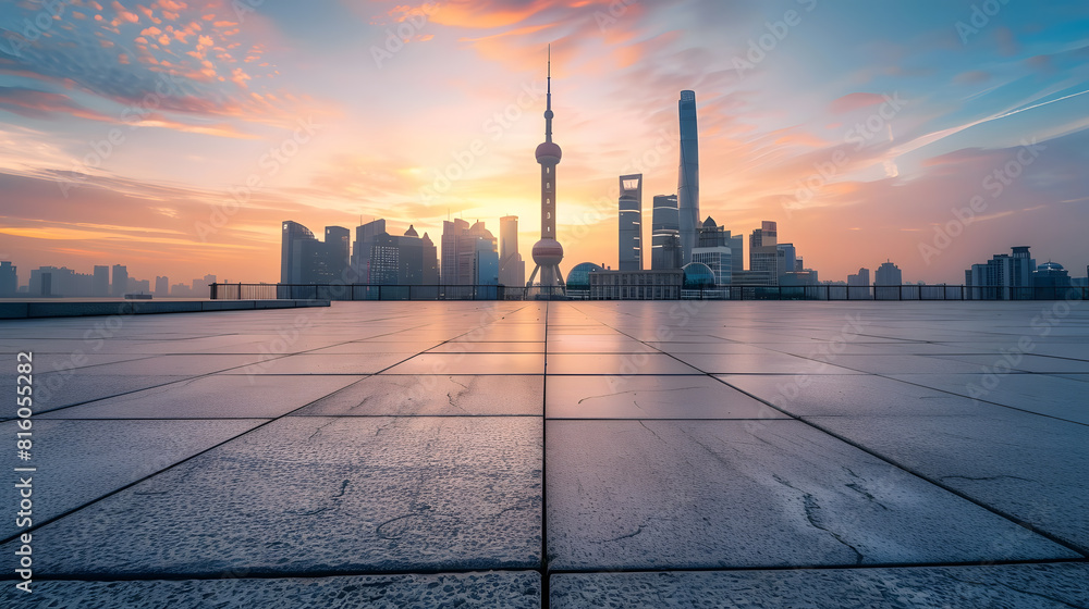 Poster Empty square floors and bridge with city skyline at sunset in Shanghai China : Generative AI