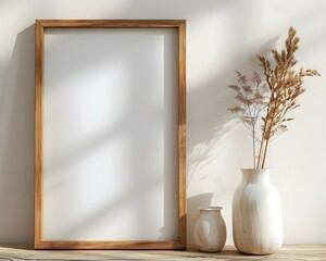 Minimalist Oak Frame with White Mat Provides Elegant Background for Artwork Display description This image showcases a minimalist wooden frame with a