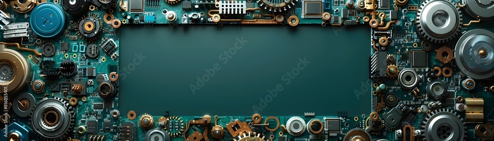 Poster recycled computer parts frame for tech enthusiasts isolated of futuristic digital design