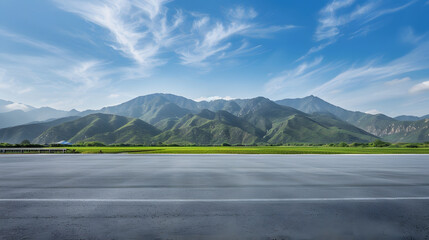 Empty asphalt road and green mountain nature landscape under blue sky Road and mountains background : Generative AI