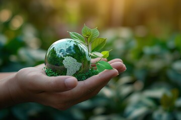Hands gently cradling a glowing digital globe surrounded by green leaves, symbolizing technology's role in global sustainability..