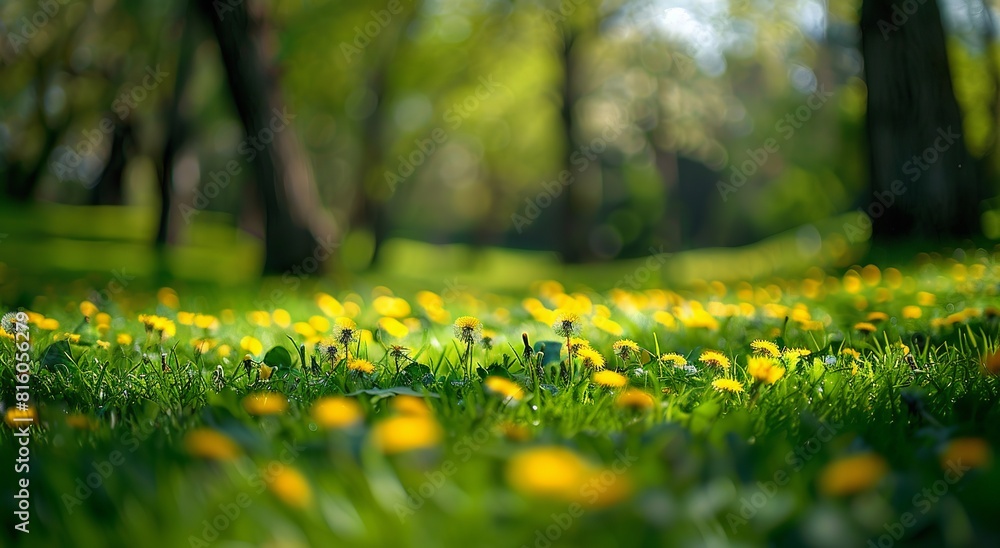 Canvas Prints Close-up of a lush green field peppered with yellow dandelions under the soft light, creating a serene natural backdrop