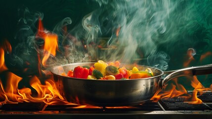 Colorful vegetables sizzling in a stainless steel pan over a flaming stove against a green background.