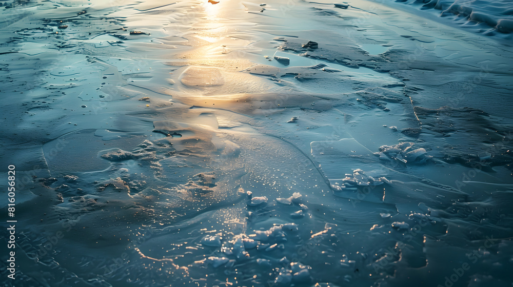 Poster The surface of the ice river with traces of shoes : Generative AI