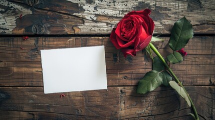 A blank card featuring a vibrant red rose set against a rustic wooden backdrop with ample space for personalized messages Celebrating the International Women s Day on March 8th