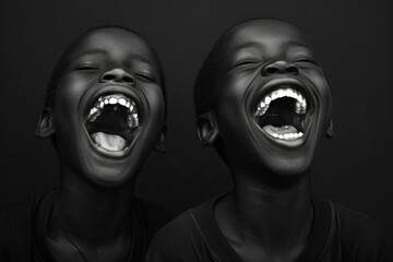 Black and white photo capturing the infectious laughter of two young children